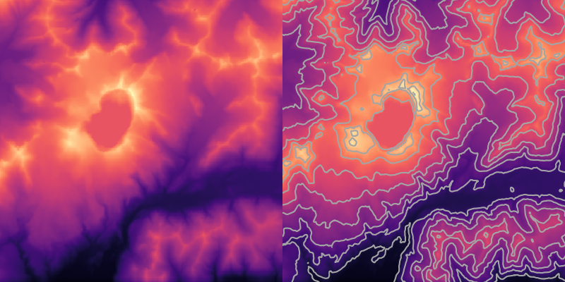 A two-panel image. Both panels show an unlabelled raster of the topography of a square region including the crater lake of Katmai Volcano, with lighter colours indicating higher elevations. The right panel has grey elevation contours every 200 metres.