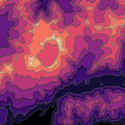 The final result of the steps described here, showing the topography as discrete colour-filled contours, with the tapered region trimmed off and contour holes removed. The contour lines use varying shades of grey to achieve constant contrast with the fill colours.