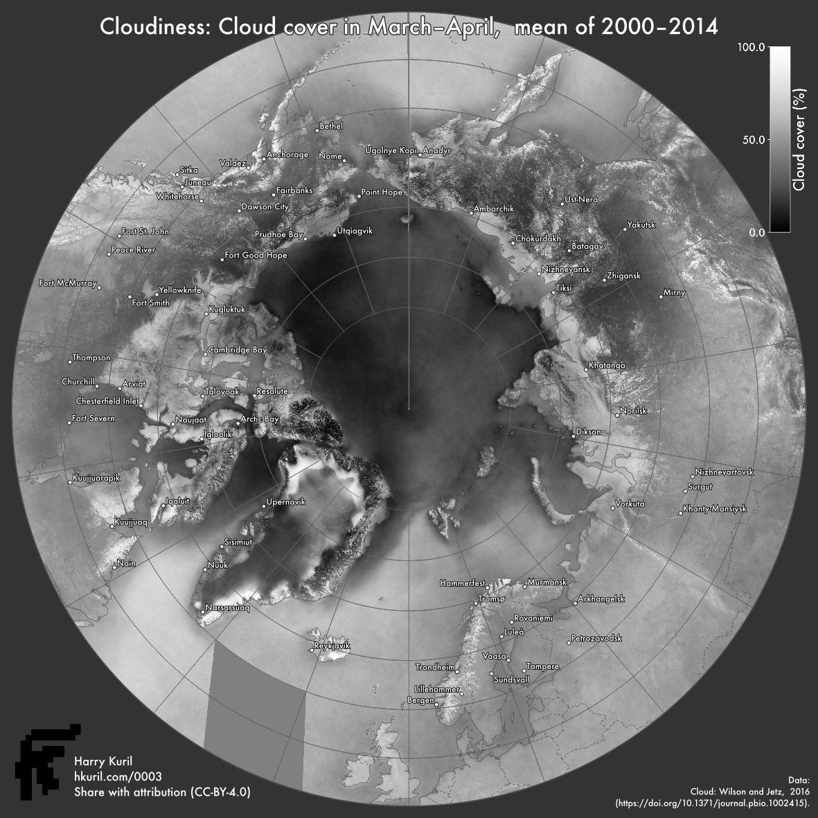 A map showing cloud cover data around the North Pole, as recorded in March and April over the years 2000 to 2014 in a study by Wilson and Jetz (2016). The cloud cover is shown from black (rarely cloudy) to white (usually cloudy). The map is an azimuthal equal-area projection centred on the pole, extending to 50 degrees north. Settlements are labelled and country outlines are shown, as well as a graticule.