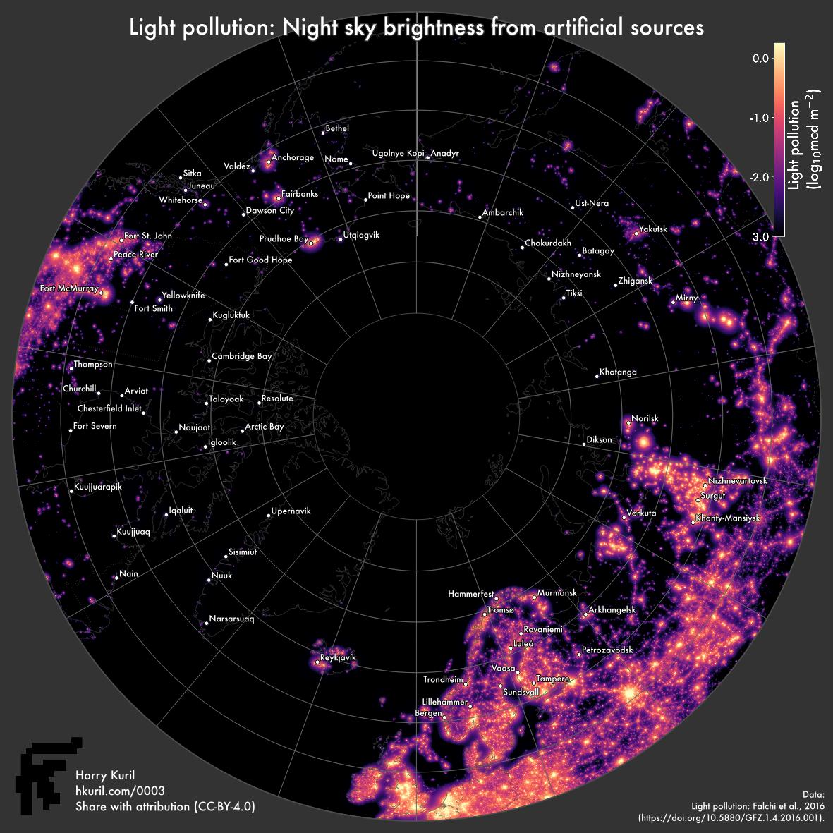 A map showing light pollution data around the North Pole, from The New World Atlas of Artificial Night Sky Brightness,   by Falchi et al. (2016). The light pollution is shown from black (no light pollution) to hot colours (major light pollution). The map is an azimuthal equal-area projection centred on the pole, extending to 50 degrees north. Settlements are labelled and country outlines are shown, as well as a graticule.