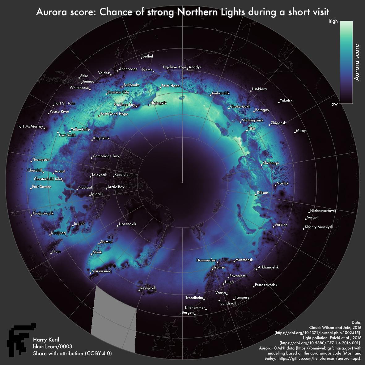 A map showing the ‘aurora score’ around the North Pole. This metric combines measures of light pollution, cloud cover and aurora strength to identify regions with a high probability of seeing strong aurora. The score is shown from black (low chance) to icy colours (high chance). The map is an azimuthal equal-area projection centred on the pole, extending to 50 degrees north. Settlements are labelled and country outlines are shown, as well as a graticule.